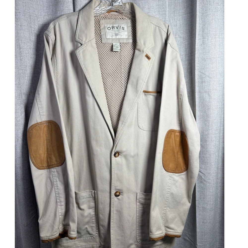 Orvis Mens 46T Cotton Field Jacket Leather Elbow Patches Khaki Tan Sport Coat